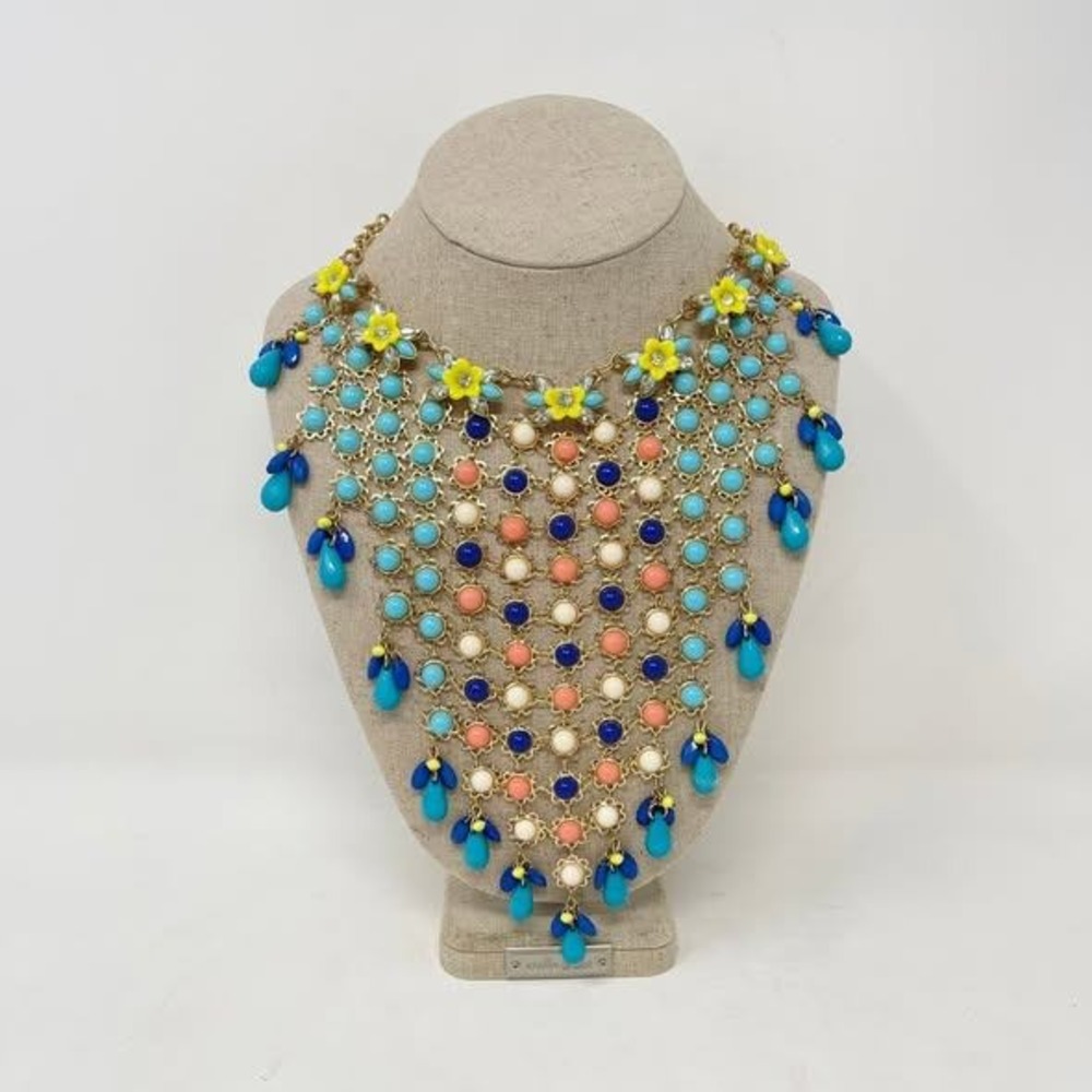 Floral Statement Bib Necklace Gold Turquoise‎ Coral Blue Cabochon Boho Jewelry